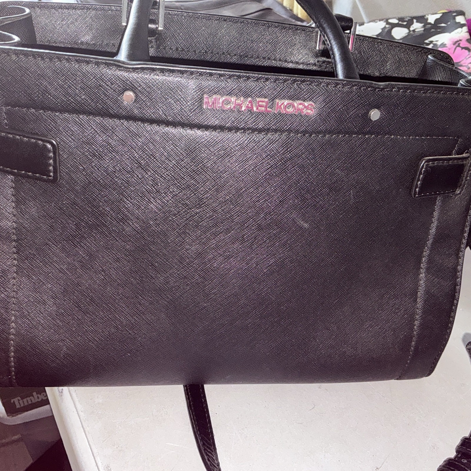 Michael Kors Rayne Medium Satchel Racing Black Leather Purse Zipper Handles
